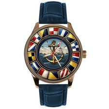 OROLOGIO MARINAIO TEMA NAUTICO REGATA SEGNALE BANDIERE ARTE OTTONE MASSICCIO PELLE BLU