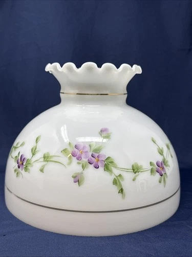 Antique Milk Glass Hand Painted Ruffled Top Student Lamp Shade 10" Fitter
