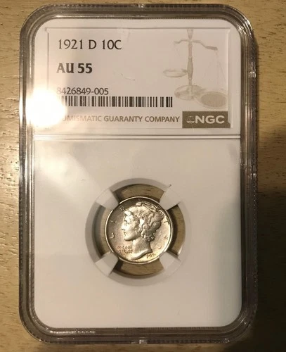 1921 D 10C MERCURY SILVER DIME CERTIFIED NGC AU 55 ABOUT UNC KEY DATE VERY NICE!