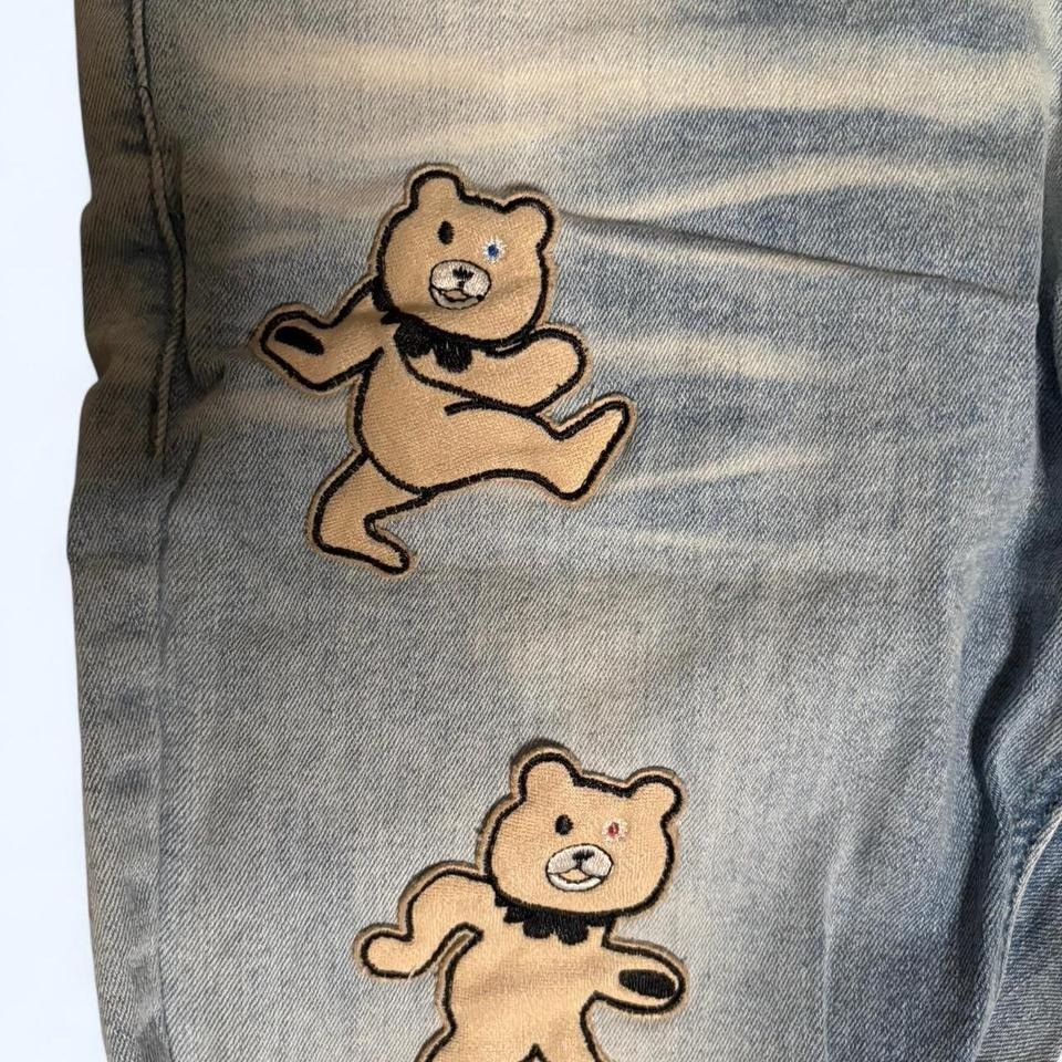 Kloud 9 Blue and cream denim jeans with a unique, bears and patchwork design image 3