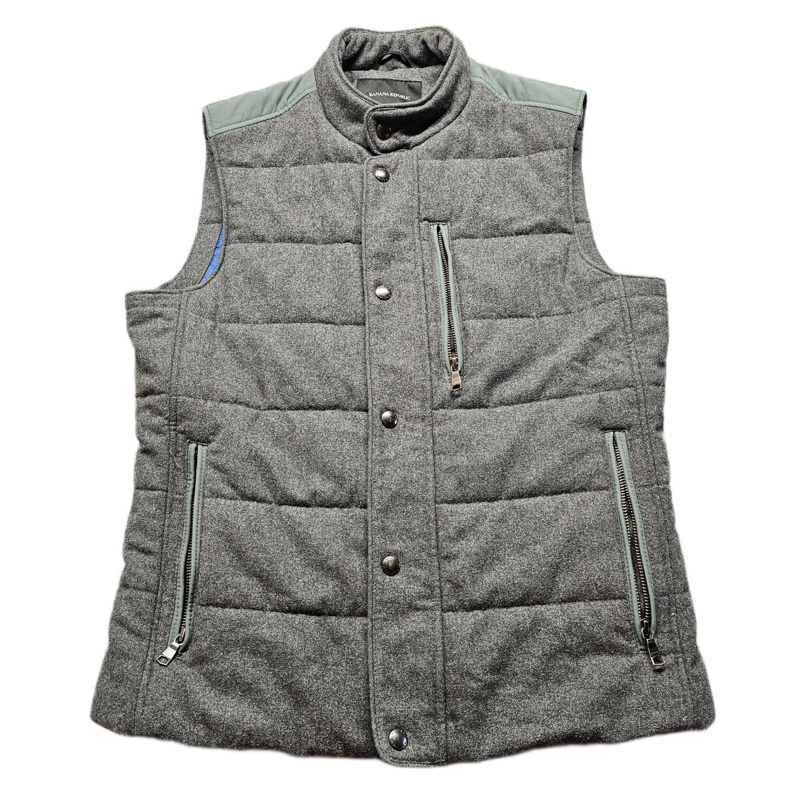 Banana Republic Puffer Vest Mens Small Gray Wool Blend Lined Snap Inside Zip