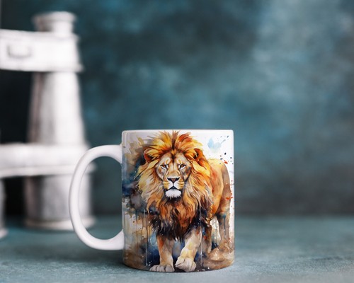 Aquarell Löwe 05 personalisierter Becher Weihnachten, Geburtstagsgeschenk. - Bild 1 von 2