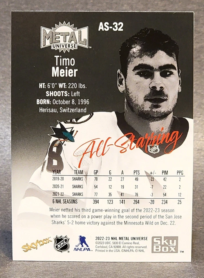 2022-23 Skybox Metal Universe All-Starring #AS-32 Timo Meier - Image 2 of 2