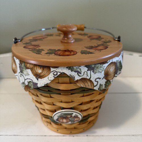 Longaberger Sage Autumn Pail Basket Set w/Pumpkin Patch Liner, Pumpkin Lid & Tie - Picture 12 of 12