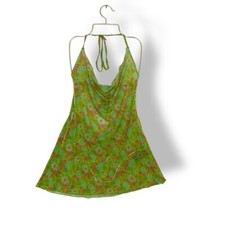 Urban Outfitters Halter neck mini dress size L 12 Green mesh Y2K floral Festival