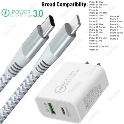 PD 20W USB C Power Adapter Fast Charger Cable For iPhone 14 13 12 11 XS XR X 8