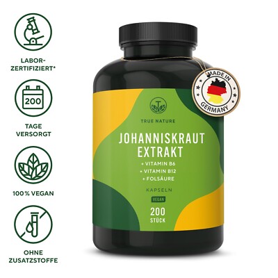 Johanniskraut Kapseln - 200 Stück - Mit Vitamin B6, B12 & Folsäure- TRUE NATURE 