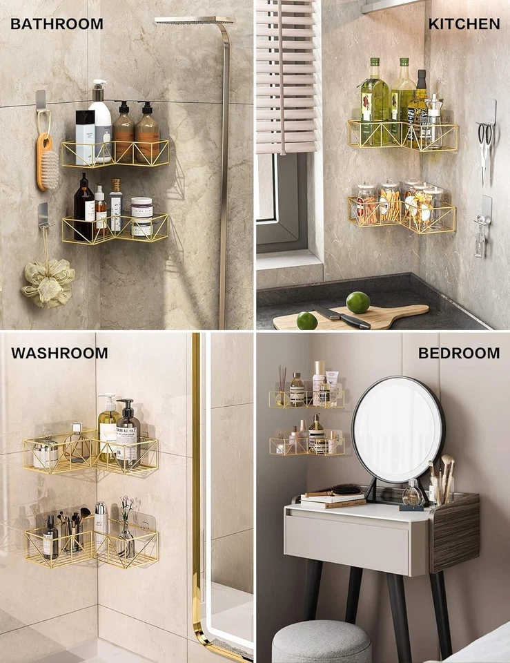 Carrito de Ducha Esquinero Dorado, Adhesivo Estante de Ducha Esquina Organizador de Ducha con Hoo Foto 4 de 4