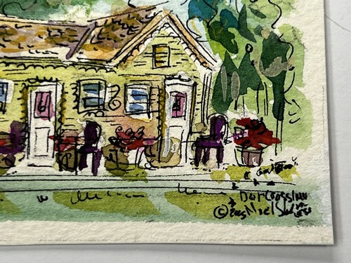 Yellow House With Patio Noel Skiba Miniature Watercolor Painting 3x5” Fine Art - Picture 5 of 9