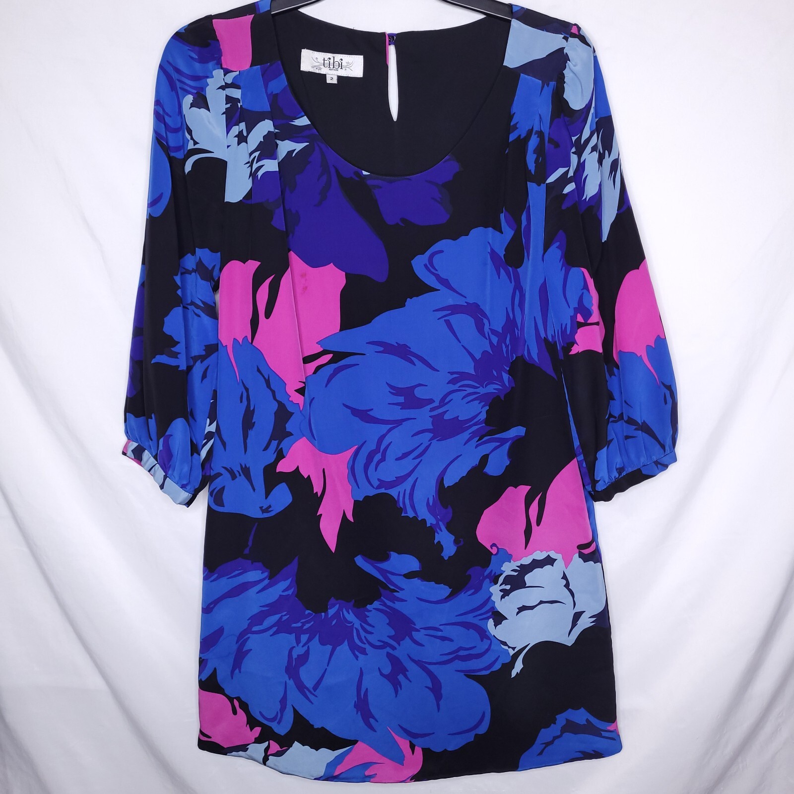 Tibi Women's Size 2 Blue Pink Floral Silk Shift Dress