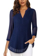 Timeson Work Blouses Dark Blue Dress Shirt Formal Business Blouse Blue XL