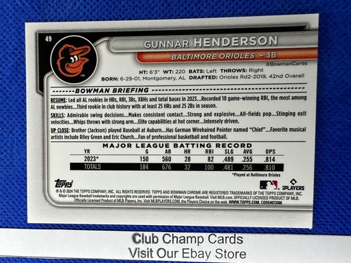 2024 #49 Gunnar Henderson Bowman Chrome Baseball Mojo Refractor Orioles - Picture 2 of 2
