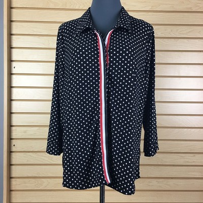 NWT By Design Button-Up Shirt Women XL Black Polka Dot Stretch Long Sleeve