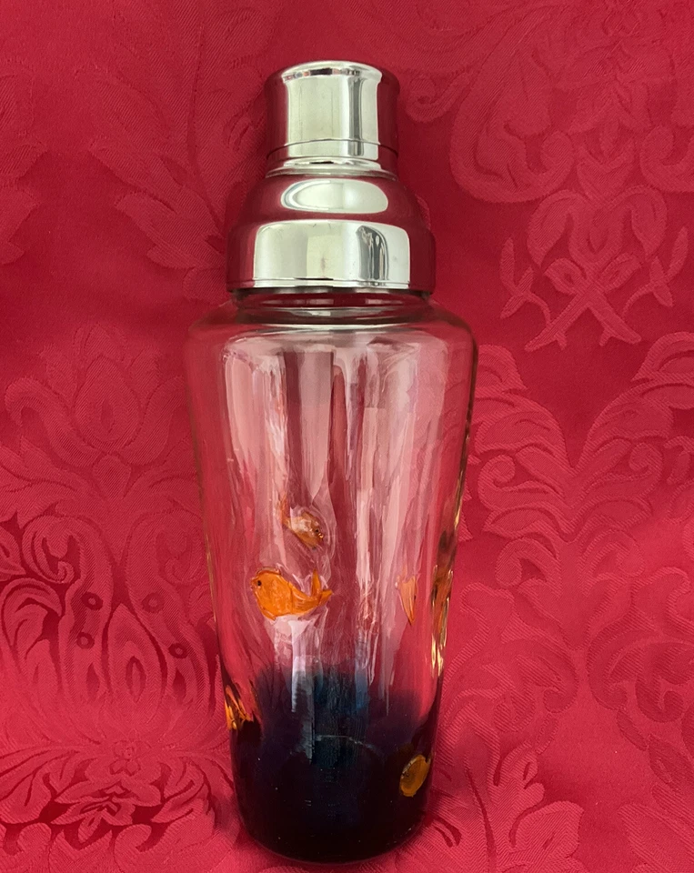 FLAWLESS Unique 5 FISH SWIMMING IN SEA Optic Fused Glass COCKTAIL MARTINI SHAKER - Image 4 of 4