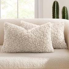 Pack of 2 Lumbar Faux Fur Throw Pillow Covers 12x20 Inch Neutral Light Beige ...