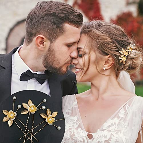 Pinzas para el cabello de 6 piezas de perlas de cristal de hoja dorada para boda - Imagen 4 de 6