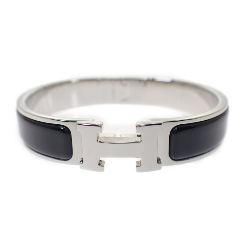 Used Hermes Click Clack PM Bracelet Black Silver Metal Ladies