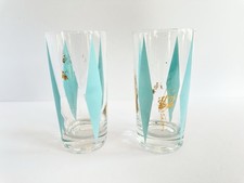 (2) Vintage Turquoise Gold Atomic Harlequin MCM Diamond Star Glass Tumblers
