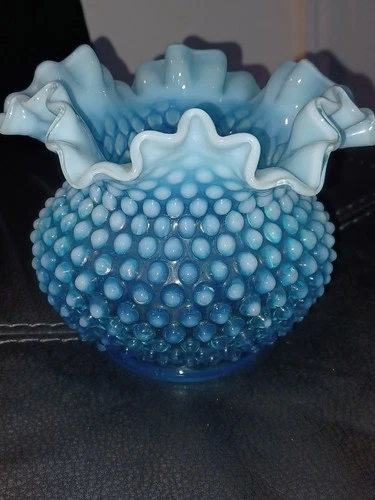Fenton Blue Opalescent Hobnail vase 5in