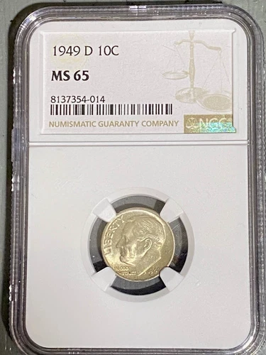 1949 D Silver Roosevelt Dime MS65 NGC Full Split Bands FULL Torch Tonebothsided