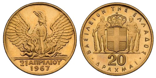 GREECE , GOLD 20 DRACHMAI 1970 (1967 REVOLUTION) - NGC MS 65 PL , RARE8