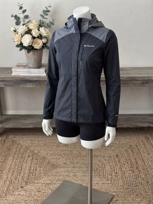 Columbia Women s Hooded Rain Jacket Full Zip Colorblock Black/Gray Size M