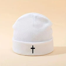 White Christian Cross Beanie Knit Hat | Unisex Winter Skull Cap | Faith Gift