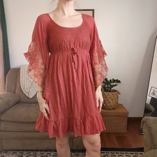 Anthropologie J Gee Rust Lace Detailed Bell Sleeve Mini Dress Size Small