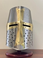 Medieval Knight Templar Helmet: Golden Cross, Polished Steel Cosplay
