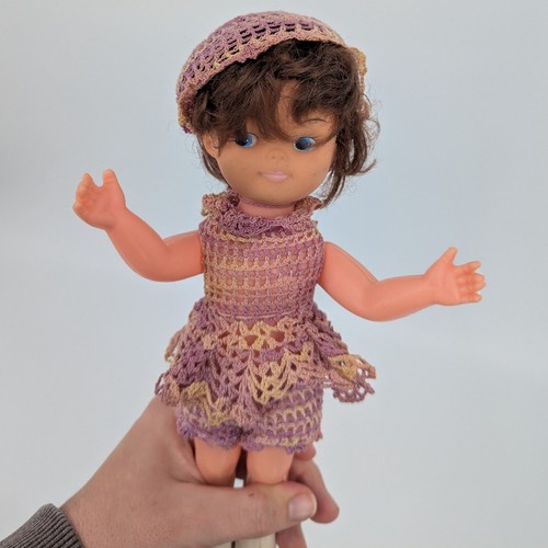Vintage Doll with Crocheted Outfit & Boots 11" Poseable Arms Legs Purple Dress - Picture 4 of 6