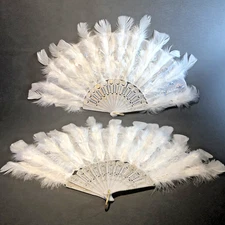 Set of 2 Feather Decor Folding Fans White with Gold Color 11" x 17" Open