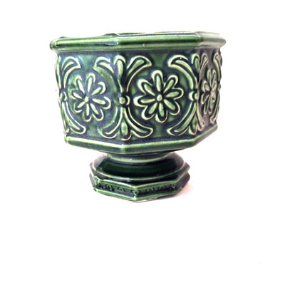 Mid Century Green Pedestal Planter Hexagon Floral Relief Ceramic Pot