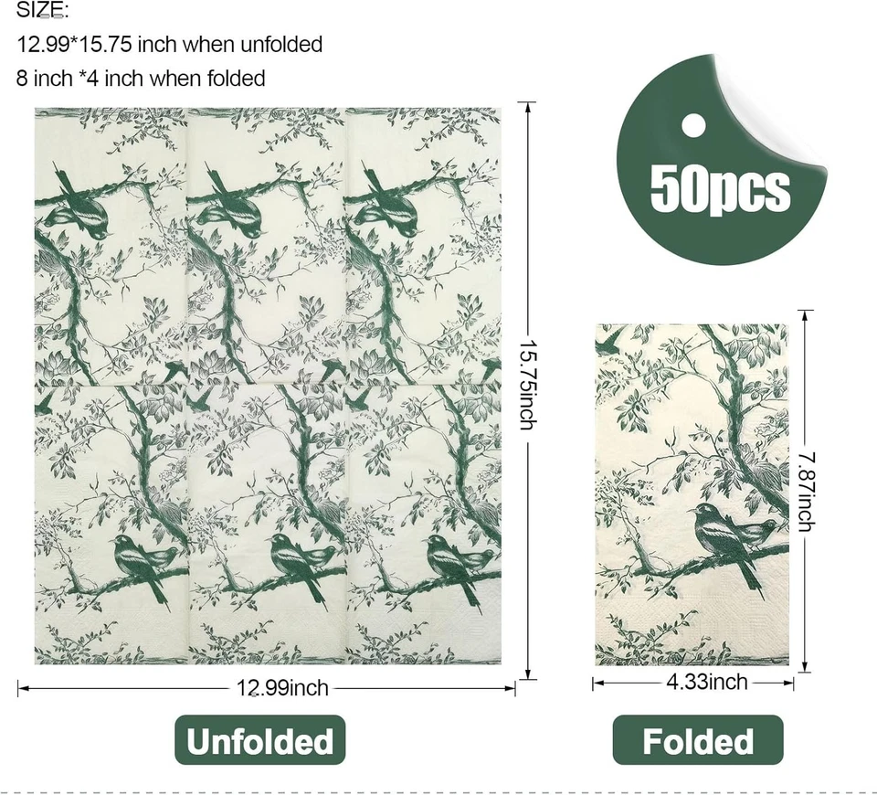 50 Pack Green Toile Paper Napkins, Special Birds and Tree Decorative Disposable - Image 2 of 4