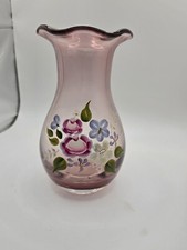 Vintage Fenton Amethyst Purple Ruffled Edge Hand Painted Flowers Vase