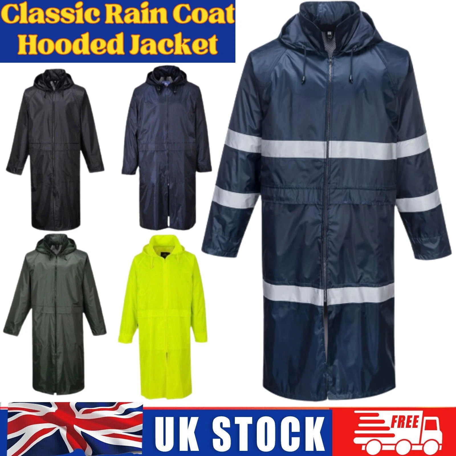UNISEX LONG HOODED WATERPROOF RAIN COAT OUTDOOR LIGHTWEIGHT CLASSIC RAIN JACKET