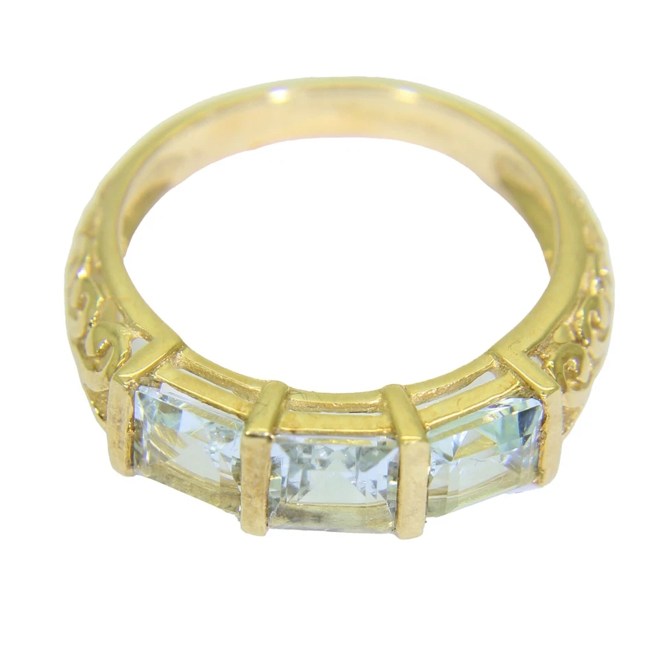 Anillo Princesa Aguamarina Trilogía Oro Amarillo 9ct Talla N ~ 6 3/4 Foto 4 de 4