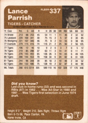 1983 Fleer Baseball #337 - Lance Parrish - Detroit Tigers 83-1039 - Picture 2 of 2