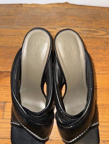 Zara Black Leather Chunky 4in Heel Open Toe White Square Toe Slip On Mules - Picture 6 of 6