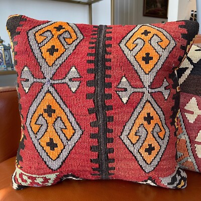 Handmade Vintage Antique Turkish Kilim Rug Pillow 16x16 (INV1201) 16 inch 