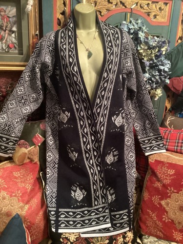 STUNNING EAST NEW/TAGS Merino/Cotton Coatigan. Paisley navy & ecru pattern. S/L