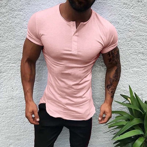 Round Button Slim Casual Solid Color Neck Summer Pullover Men's T-shirt Fit - Picture 5 of 14