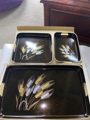 HTF Vintage 80's 3 Piece Black Lacquerware Tray Set Japanese Wheat