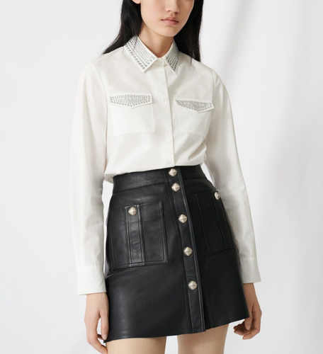 Maje Damen Shirt Größe 2 / M Nieten Langarm Baumwolle Shirt MFPCM00091