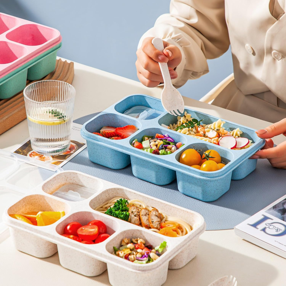 Bento Box Adult 4-Pack 5-Compartment Reusable Meal Prep Containers for Food Storage