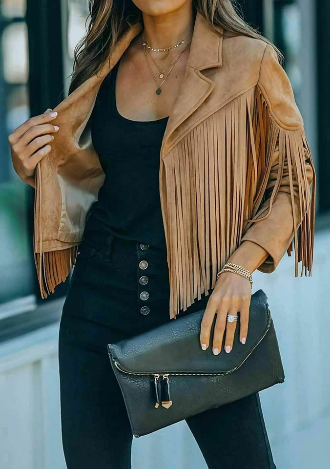 Chaqueta de moto de gamuza sintética con flecos y borlas recortadas elegantes para mujer - Chartou Camel XS~XL Foto 4 de 4