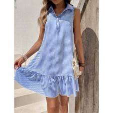 Solid color lapel sleeveless striped loose dress