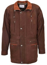 Mens Leather Parka Coat Classic Overcoat Mid Length Jacket Jason Brown Nubuck