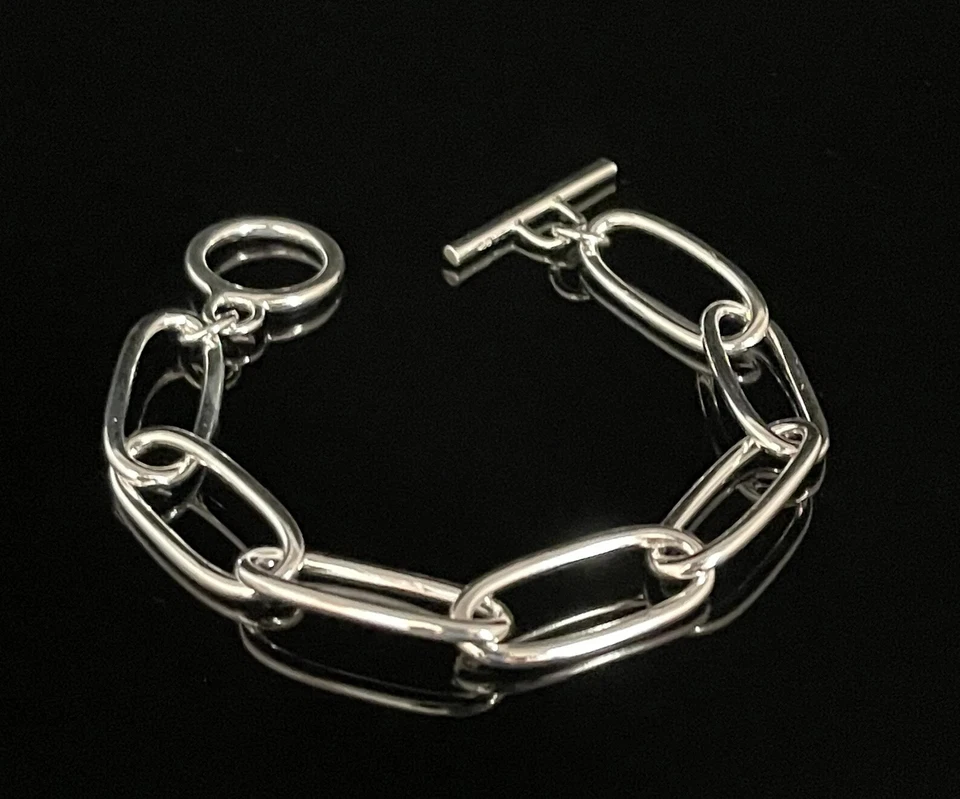 Paper Clip Style Silver Link Bracelet 925 Sterling Silver Toggle Clasp Bracelets - Image 2 of 4