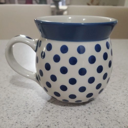  Ceramika Boleslawiec Polish Pottery Blue white polka dot Bubble Mug.