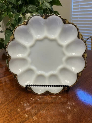 Vintage Deviled Egg Eggs Plate w/ Gold Trim Anchor Hocking Milk Glass White 10"